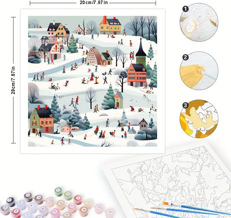 Winter Village Digital Painting Kit for Adults - DIY Holiday Snow Scene with Houses and People Oil Painting on Canvas 7.87x7.87in,Framed Acrylic Paint Kit,Good for Beginners,Festive Home Decor BST326H