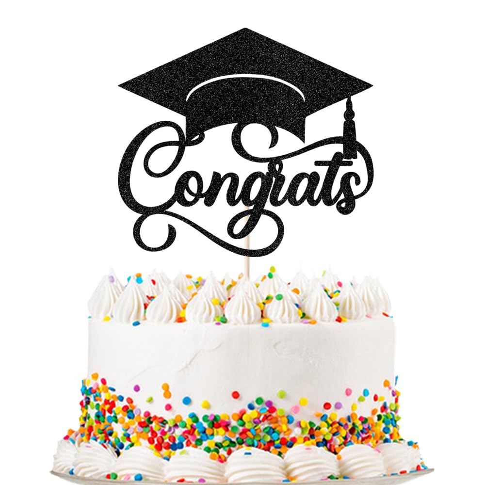 24Pcs Graduation Cupcake Topper, Glitter Class of 2026 Cupcake Topper Supplies for 2026 Congrats Grad Cap Diploma Cake Decor Graduate Celebration Party Cake Decorations Supplies (Black - 24) BST326L