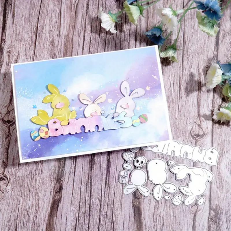 Ester Cute Bunny Rabbit Word Metal Die Cuts,Spring Sunflower Frame Leaf Cutting Dies Cut Stencils for DIY Scrapbooking Album Decorative Embossing Paper Dies for Card Making BST326L