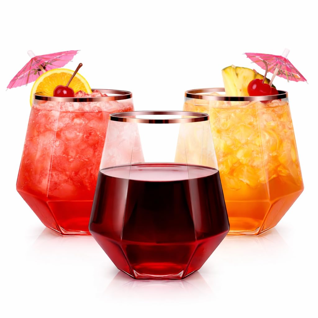 Oojami 40 Pack Diamond Disposable Plastic Wine Glasses 12oz for Parties | Stemless Wine Cups, Champagne Cocktail Whiskey - Shatterproof Unbreakable Reusable Recyclable BPA-Free, Weddings Birthday BST220