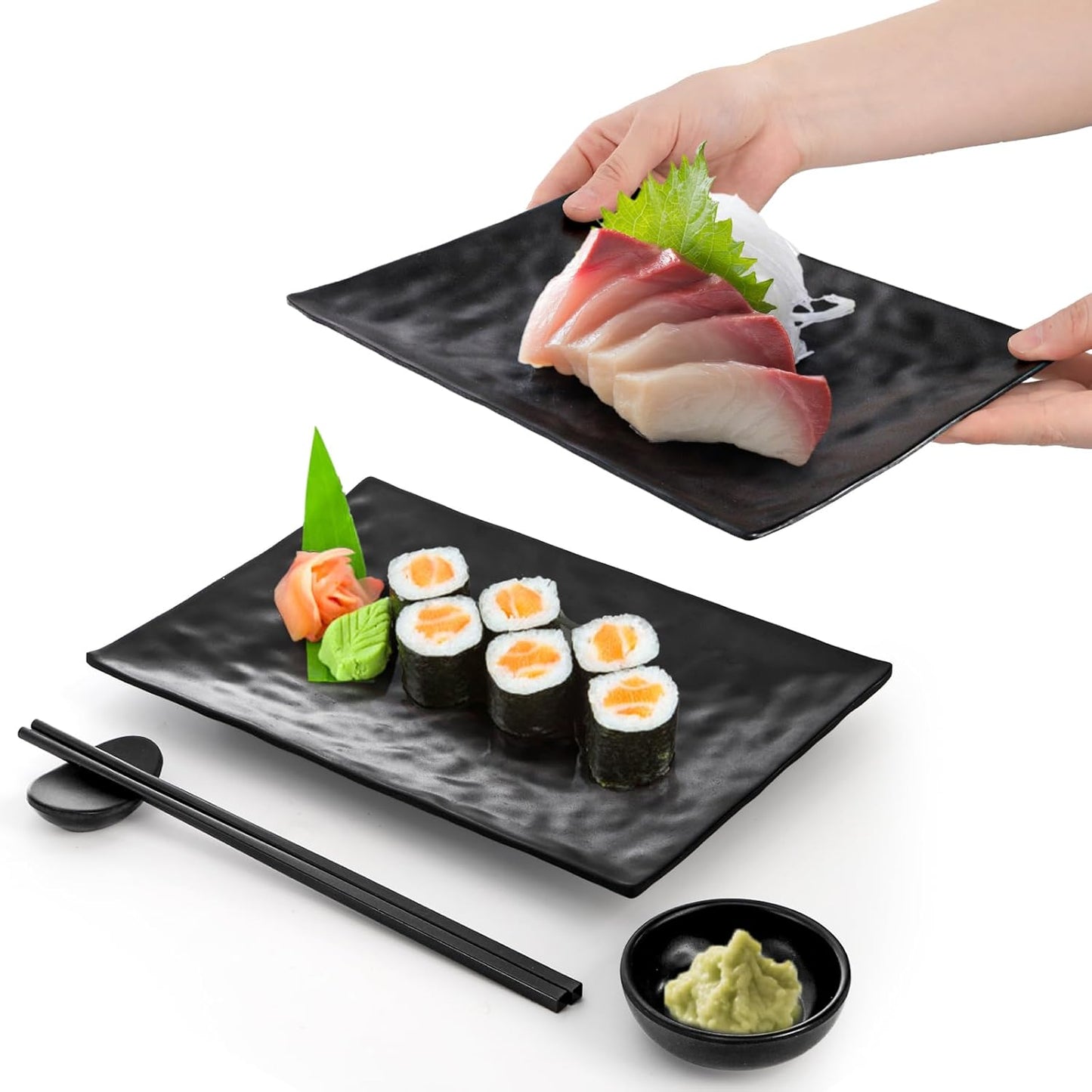 16 Pcs Sushi Plate Set, Melamine Sushi Serving Dishes, Japanese Dinnerware Sets with 4 Sushi Trays, 4 Soy Sauce Bowls 4 Pairs of Chopsticks and Holders, Wedding Housewarming Gift, Black