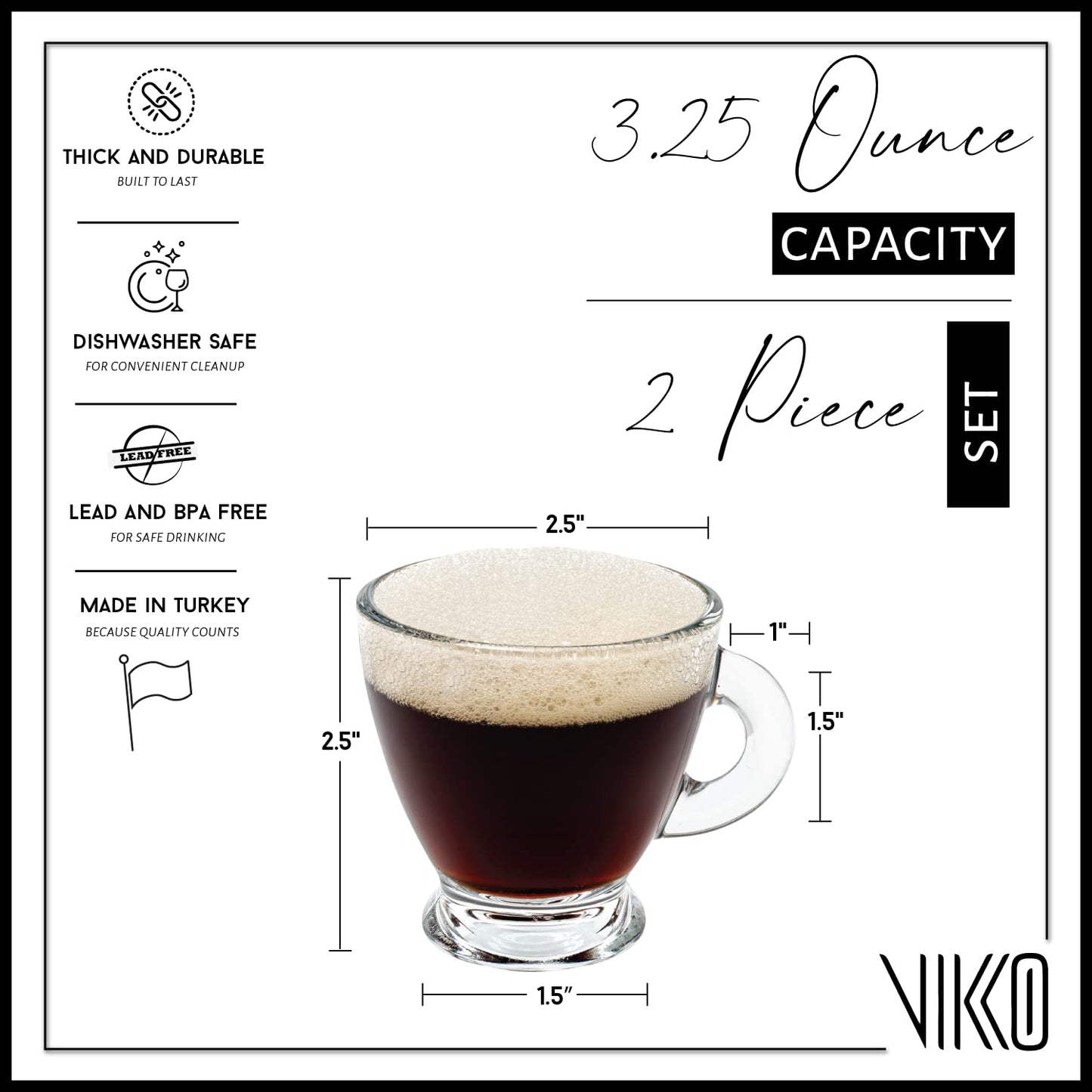 Vikko Espresso Cups, 3.25 Ounce Small Coffee Mugs, Set of 4 Clear Glass Coffee Mug, Durable Dishwasher Safe Glass Cups for Coffee or Tea BST220