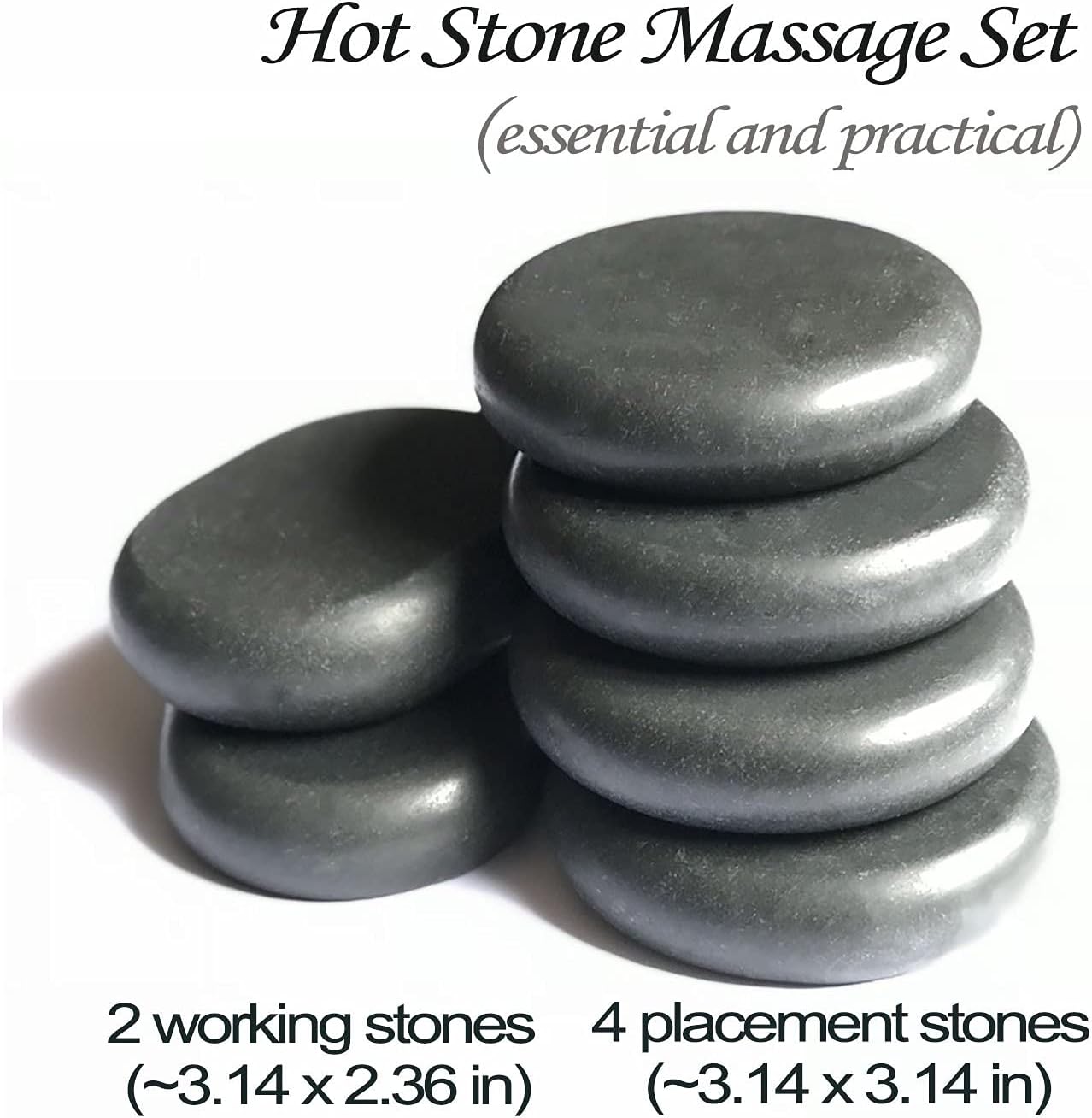 Hot Stones - 6 Large Essential Massage Stones Set (3.15in) for Professional or Home spa, Relaxing, Healing, Pain Relief
