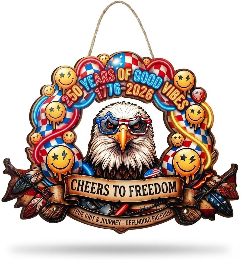 USA 250th Anniversary Wooden Door Sign, 1776-2026 Commemorative Bald Eagle Patriotic Wall Hanging Decor, Cheers to Freedom Party Wreath for July 4th Home Porch Decor (250year-1) BST202