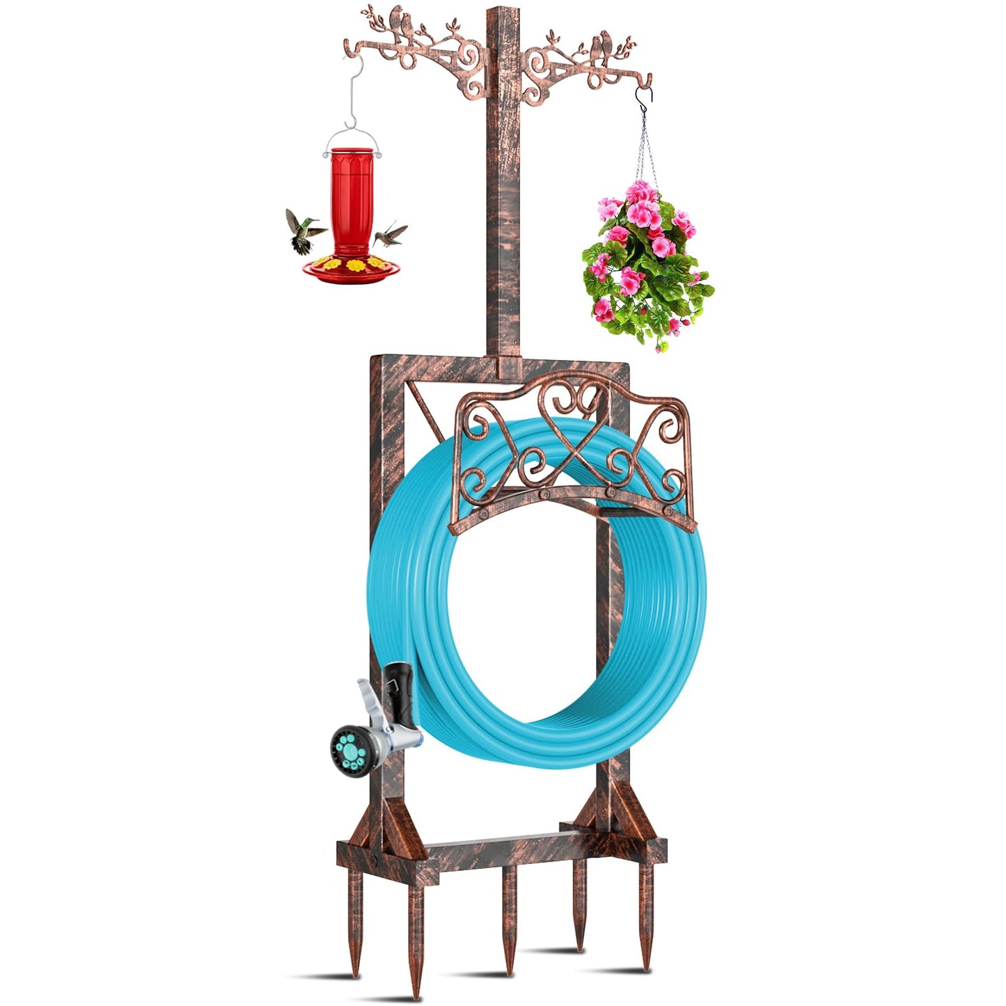 Garden Hose Holder, Freedstanding Heavy Duty Garden Water Hose Holder Stand with 2 Shepherds Hooks, Detachable Metal Hose Storage Hanger Rack for Outside Yard Lawn Farm DD1210