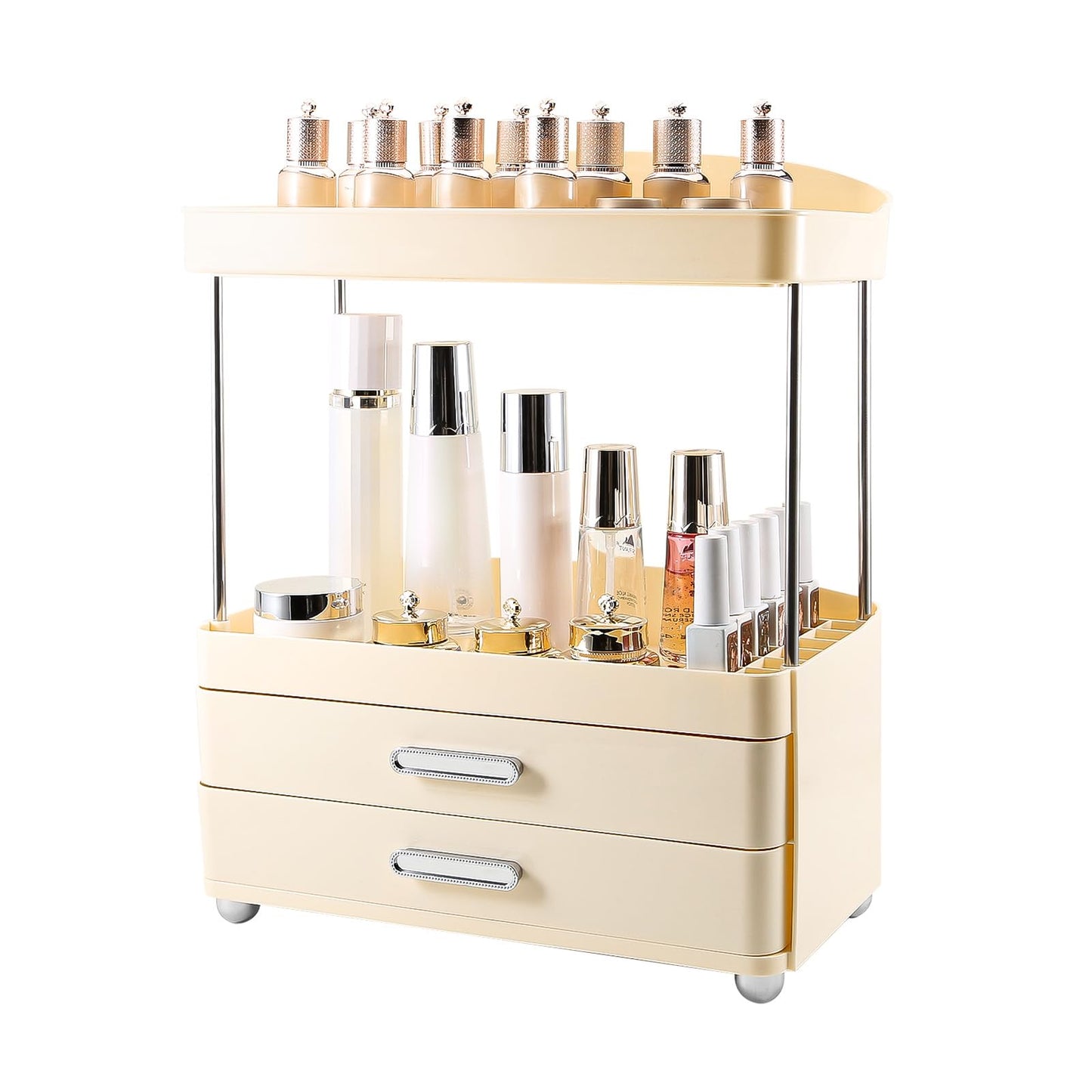 DASITON 4 Tiers Makeup Organizer, 2 Drawers Large Cosmetic Organizers for Vanity Bathroom Countertop, Bathroom Organizers and Storage for Skincare, Cosmetic, Perfume, Dresser Organizer (Cream+Clear) BST220