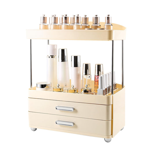 DASITON 4 Tiers Makeup Organizer, 2 Drawers Large Cosmetic Organizers for Vanity Bathroom Countertop, Bathroom Organizers and Storage for Skincare, Cosmetic, Perfume, Dresser Organizer (Cream+Clear) BST220