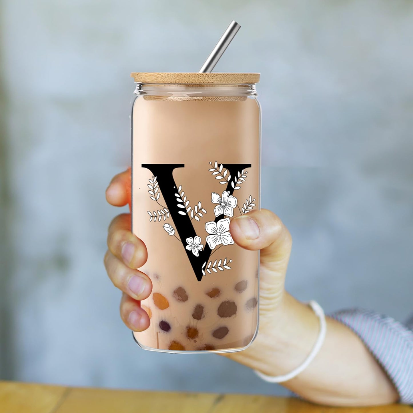 Monogrammed Initial Glass Cup with Lids and Straws gift for Women | Personalized Gift Set with Doll, 16 Oz Ice Coffee Cup ,reusable glass tumbler,Birthday Christmas Gift for Her,U WN420
