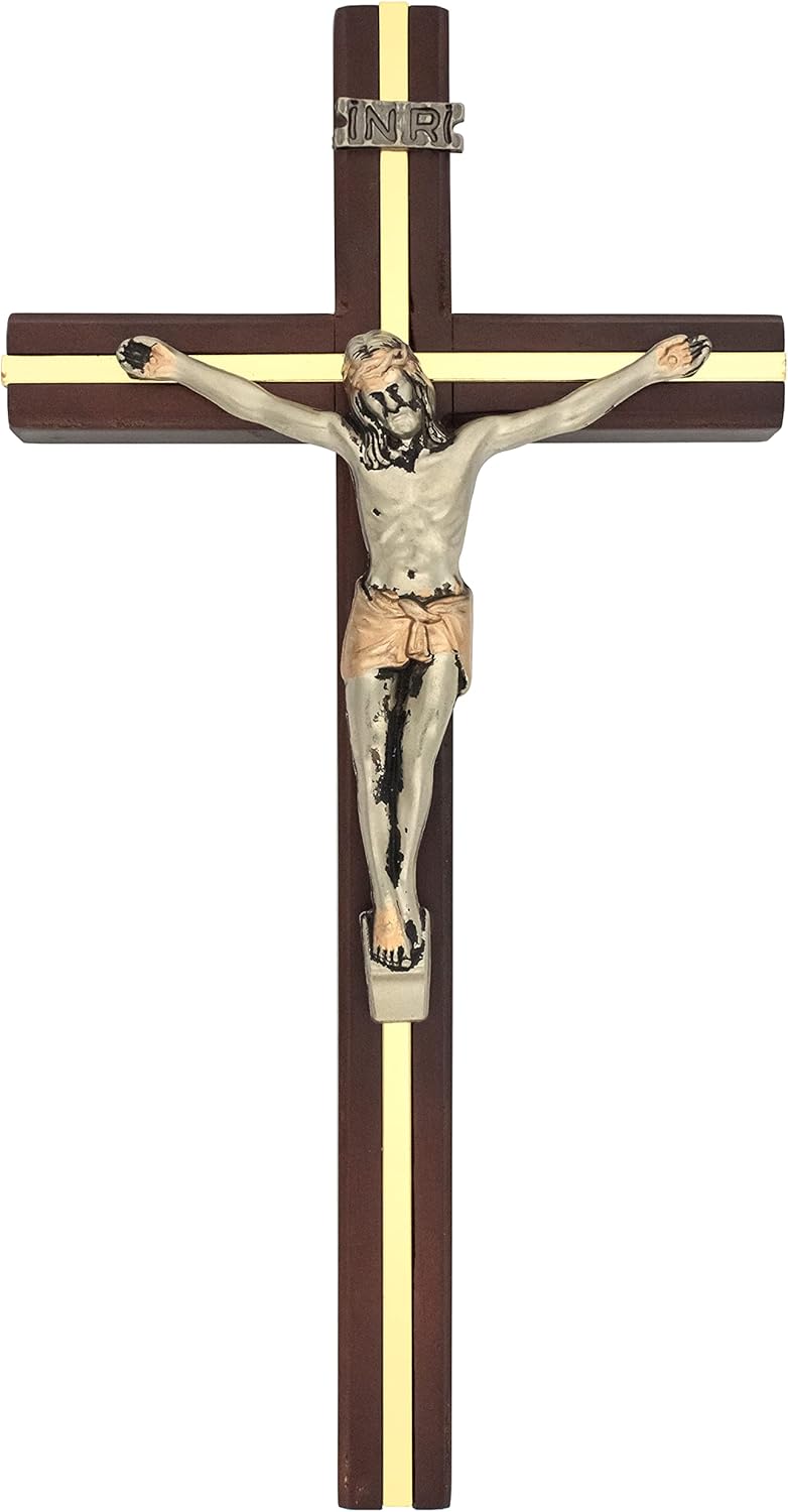 Dark Brown Wooden Crucifix with Gold-Tone Metal Inlay and Silver-Tone Corpus | Christian Home | Great Catholic Gift for Baptism, First Communion, and Confirmation BST220
