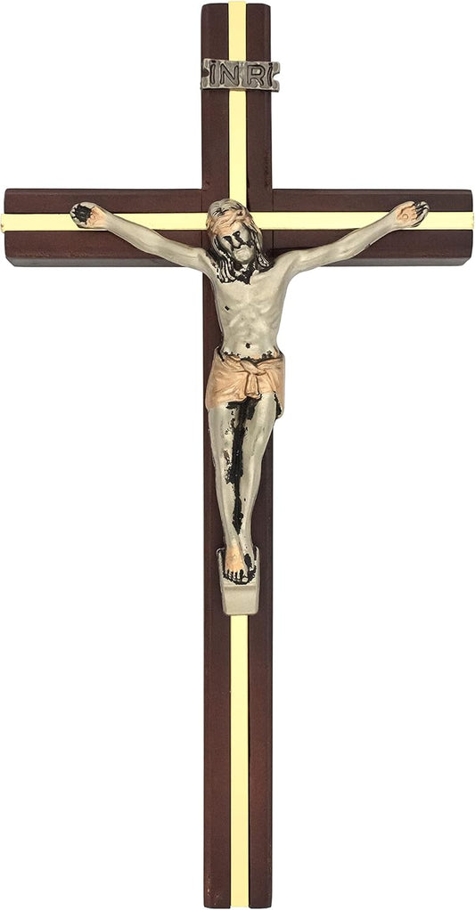 Dark Brown Wooden Crucifix with Gold-Tone Metal Inlay and Silver-Tone Corpus | Christian Home | Great Catholic Gift for Baptism, First Communion, and Confirmation BST220