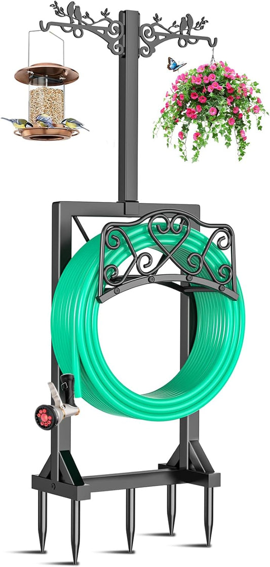Garden Hose Holder, Freedstanding Heavy Duty Garden Water Hose Holder Stand with 2 Shepherds Hooks, Detachable Metal Hose Storage Hanger Rack for Outside Yard Lawn Farm DD1210