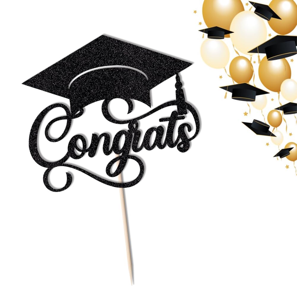 24Pcs Graduation Cupcake Topper, Glitter Class of 2026 Cupcake Topper Supplies for 2026 Congrats Grad Cap Diploma Cake Decor Graduate Celebration Party Cake Decorations Supplies (Black - 24) BST326L