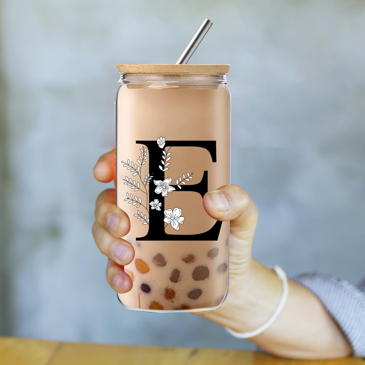 Monogrammed Initial Glass Cup with Lids and Straws gift for Women | Personalized Gift Set with Doll, 16 Oz Ice Coffee Cup ,reusable glass tumbler,Birthday Christmas Gift for Her,U WN420