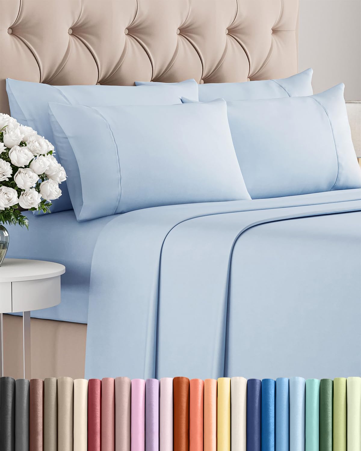 Split King 7 Piece Sheet Set - Comfy Breathable & Cooling - Soft Hotel Luxury Bedding Set with 8-16 Inch Deep Pockets - 1 Flat & 2 Fitted Sheet & 4 Pillowcases - Wrinkle Free & Easy Care - Steel Blue DD1210