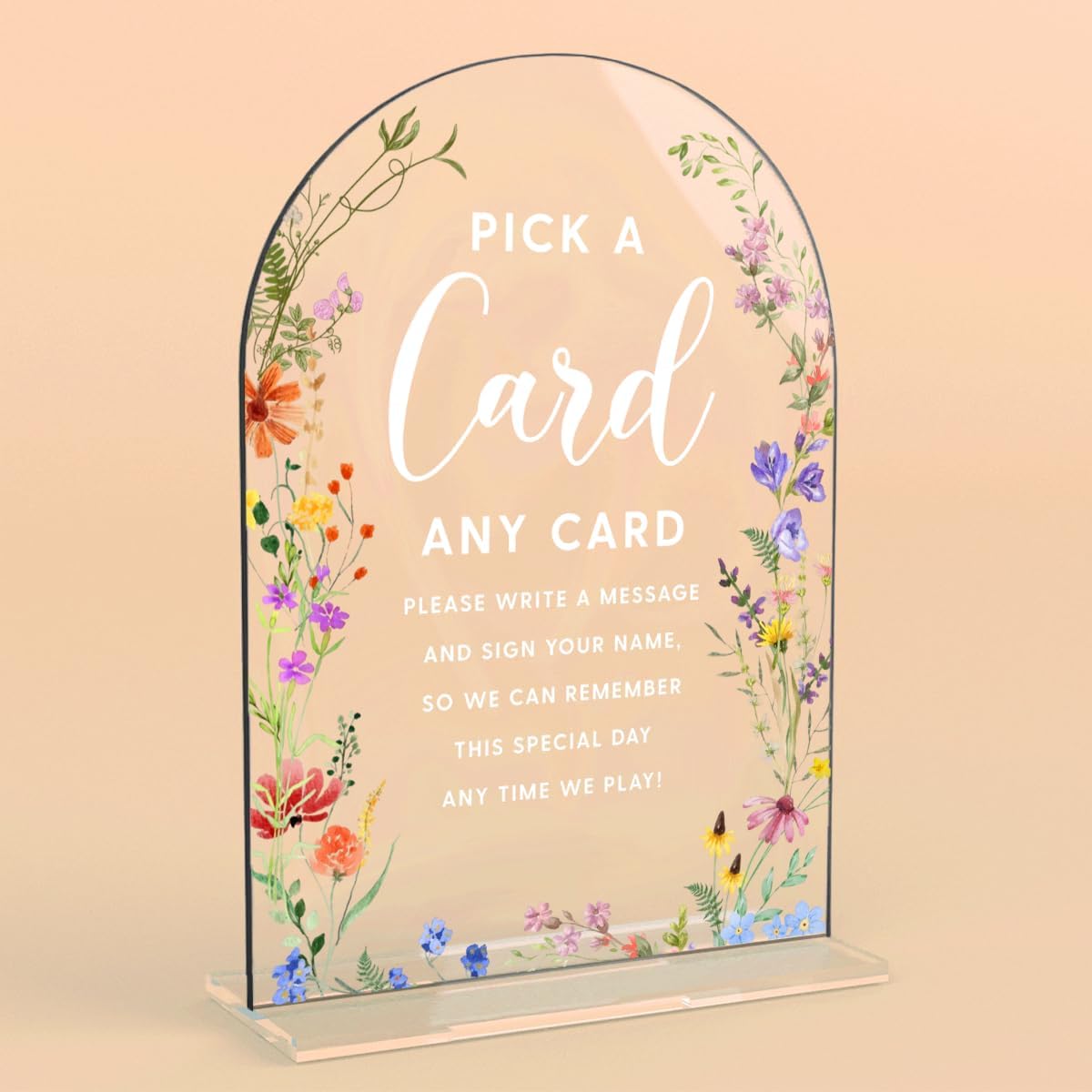 Acrylic Wedding Signs, Pick A Card Signs for Marriage Reception, Bridal Shower Decorations, Modern Arched Round Top Acrylic Table Top Sign with Holder for Wedding Party Dinner (Clear Wildflowers) BST326L
