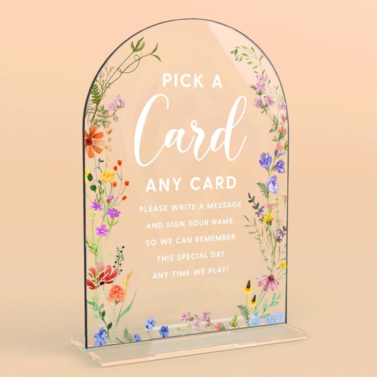 Acrylic Wedding Signs, Pick A Card Signs for Marriage Reception, Bridal Shower Decorations, Modern Arched Round Top Acrylic Table Top Sign with Holder for Wedding Party Dinner (Clear Wildflowers) BST326L