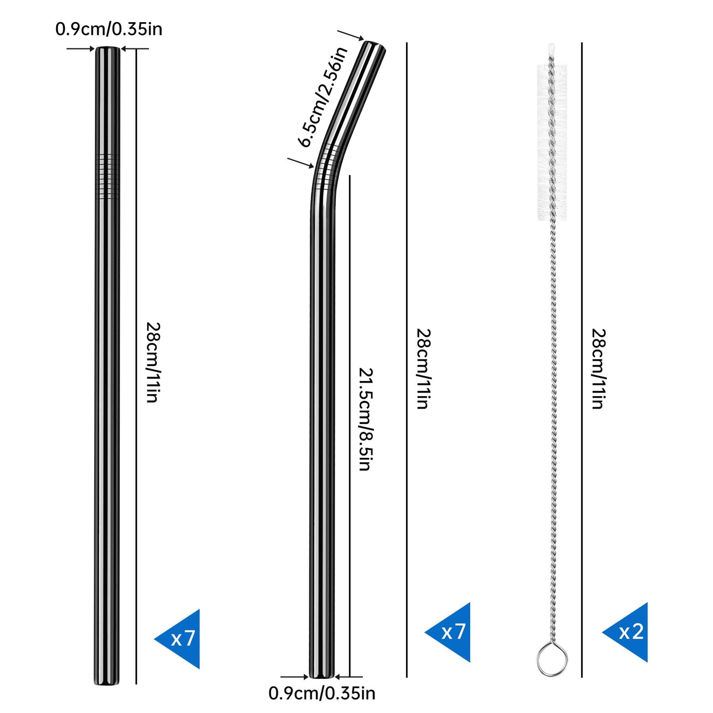 Tomorotec 14PCS Stainless Steel Straws Fit for 30oz Stanley Tumblers | 11" Reusable Drinking Straws with Brush, 7 Bent & 7 Straight for Smoothies, Milkshakes, Coffee, Dishwasher Safe (Metallic) BST326L
