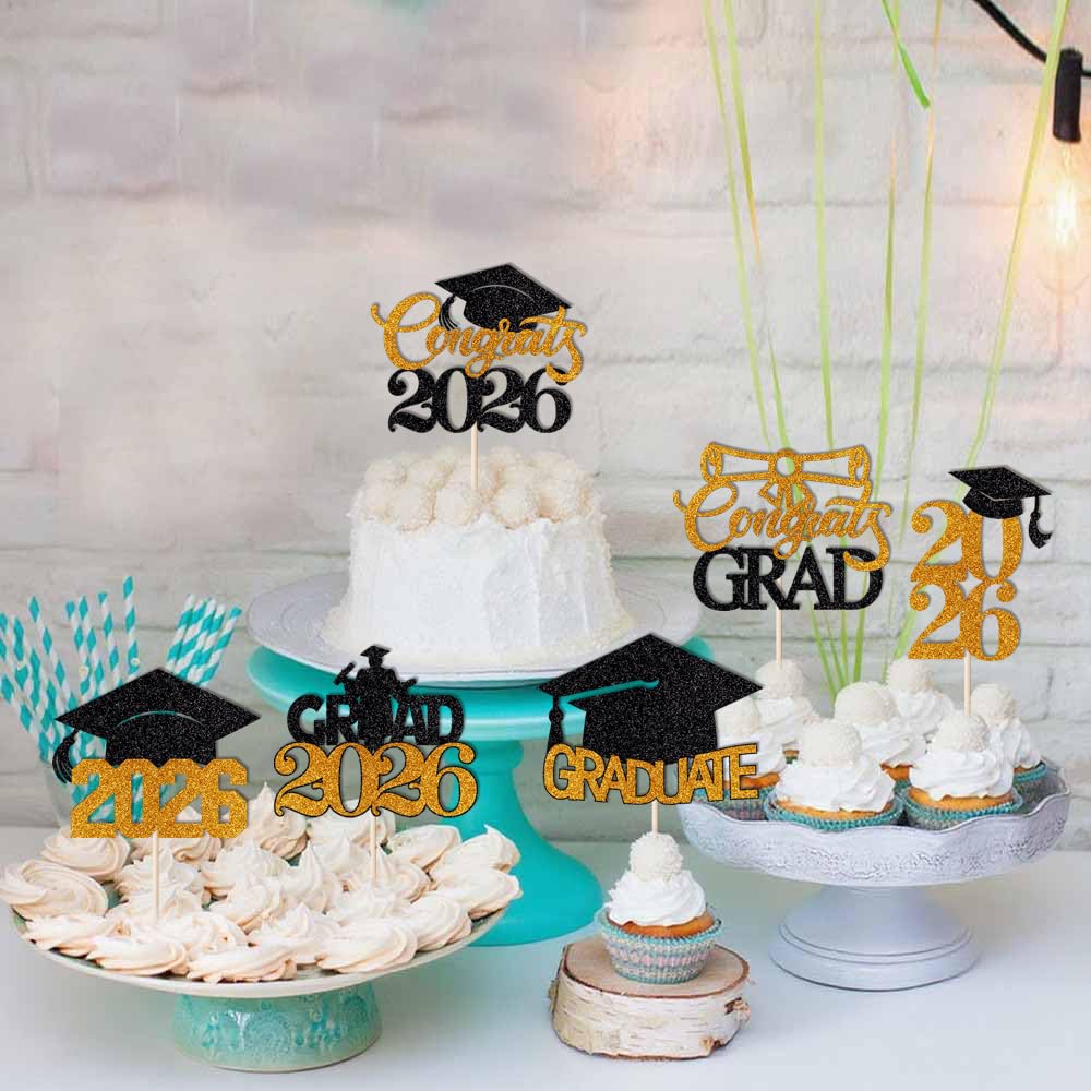 24Pcs Graduation Cupcake Topper, Glitter Class of 2026 Cupcake Topper Supplies for 2026 Congrats Grad Cap Diploma Cake Decor Graduate Celebration Party Cake Decorations Supplies (Black - 24) BST326L