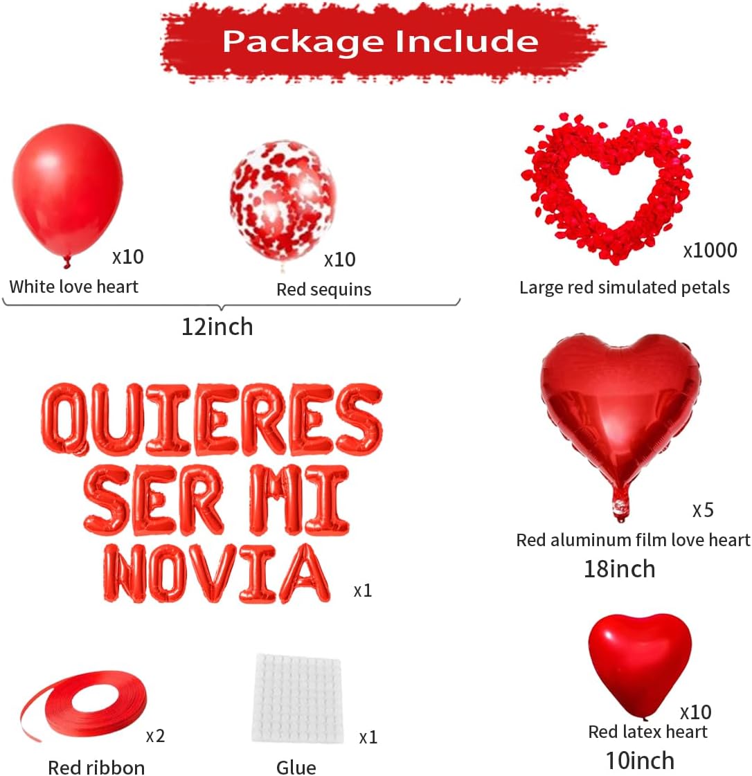 QUIERES SER MI NOVIA - 16inch Quieres Ser Mi Novia Balloons/Will You Be My Girlfriend - 1000pcs Artificial Rose Petals Red Heart Balloons for Love Confession Valentines Day Party Decorations BST326H