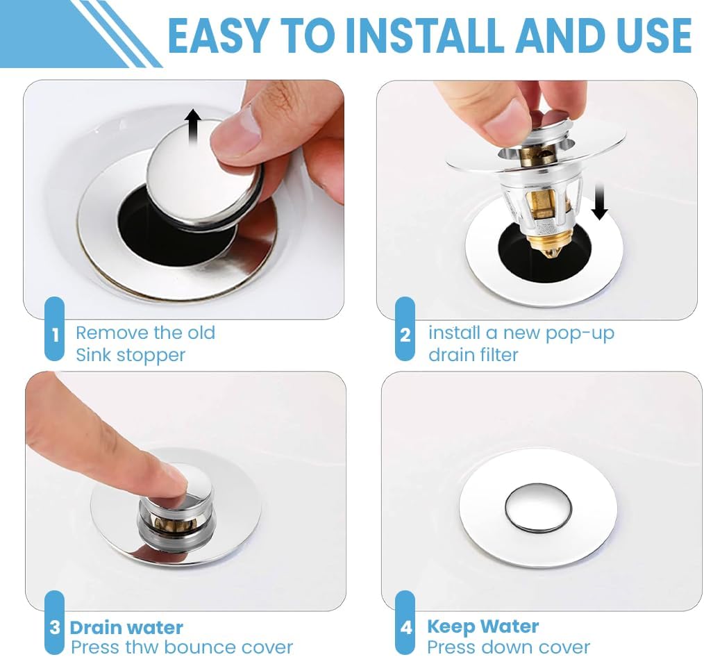Universal Bathroom Sink Stopper | Pop Up Bathroom Sink Drain Strainer Plug for 1.06"-1.96" Basin Drain Holes | Rust-Proof Stainless Steel Sink Drain Stopper WN420