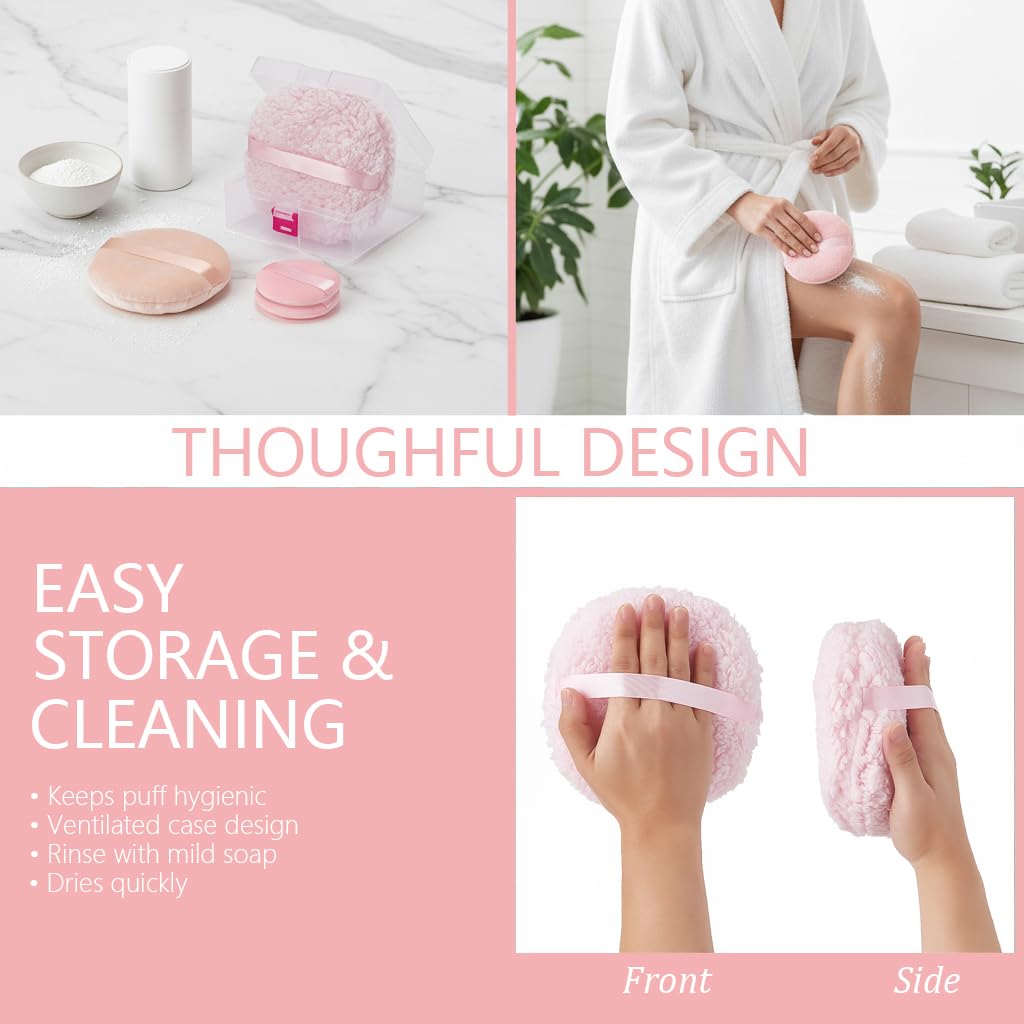 4-Pack Powder Puff and Container, 3 Sizes Makeup Puff Set Includes 6" Body Powder Brush & Face Puffs (13cm & 7.5cm), Soft Dusting Puffs for Women WN420