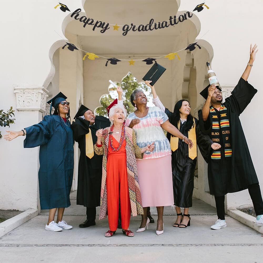 Happy Graduation Glitter Banner Graduation Congratulations Party Decorations Black Gold BST326L