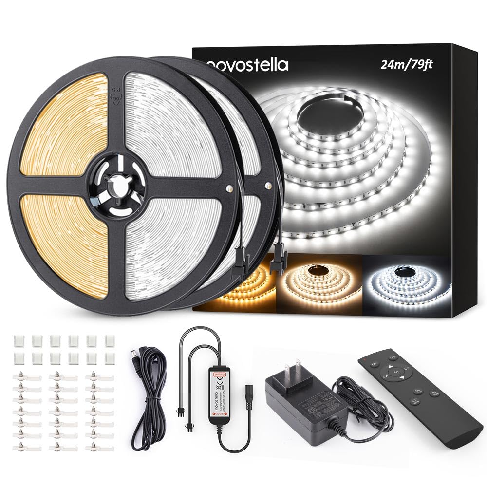 NOVOSTELLA 20ft Tunable White LED Strip Light kit Dimmable 3000K-6500K 24V LED Tape Light with Remote Flexible Rope LED Ribbon for Bedroom Home Lighting Mirror Kitchen Bar Cabinet Daylight Warm White