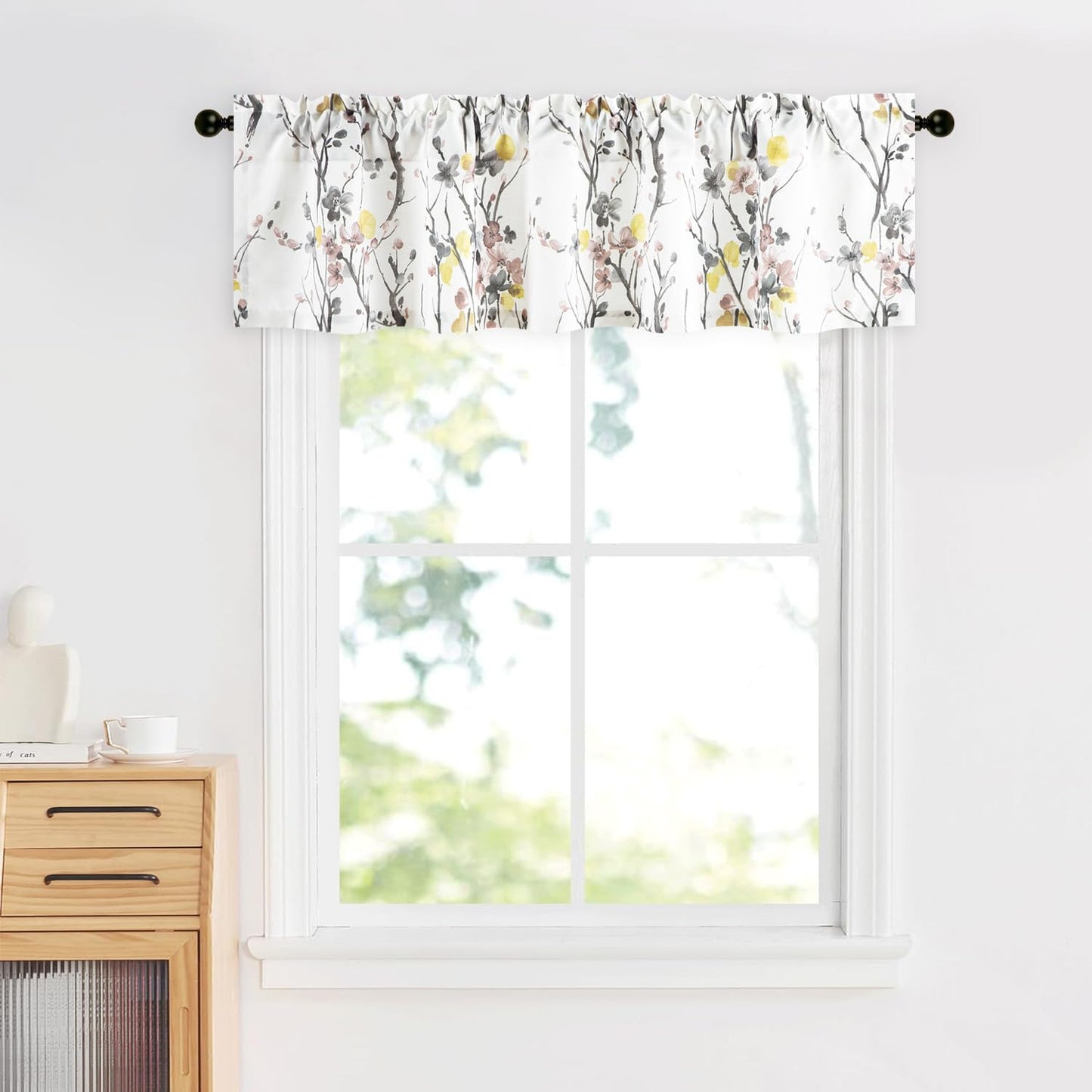 Leeva Farmhouse Kitchen Valances for Windows, Watercolor Blossoming Floral Print Curtains, Soft Faux Linen Curtain Toppers and Valances for Bedroom, 60 x 14 Inch, Brown & Grey, 1 Panel BST220