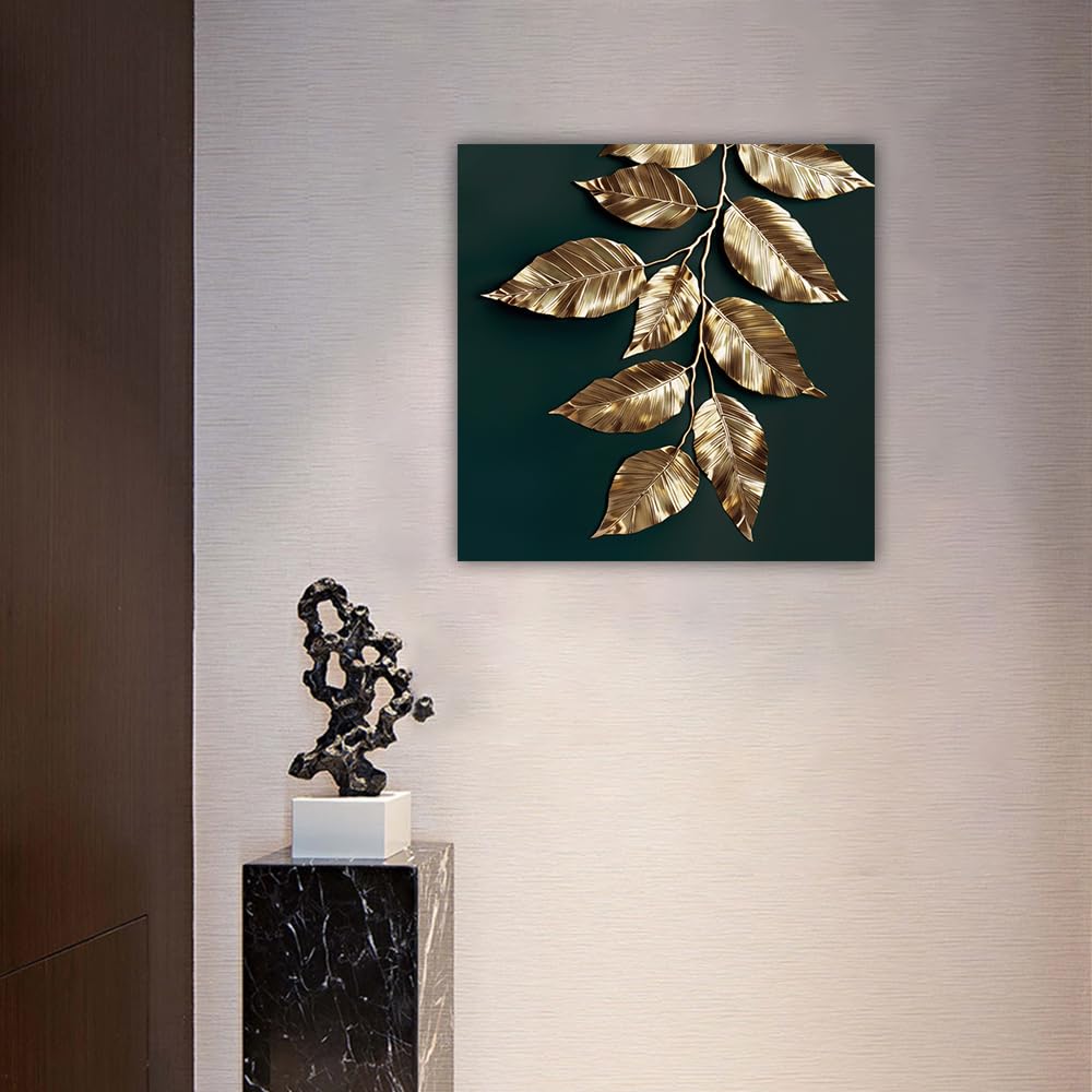 LURENCZH Leaf Canvas Wall Art Golden Leaf Picture Prints Green and Gold Paintings for Living Room Bedroom Decor Framed Ready to Hang(Green-1,12.00" x 12.00") BST326H