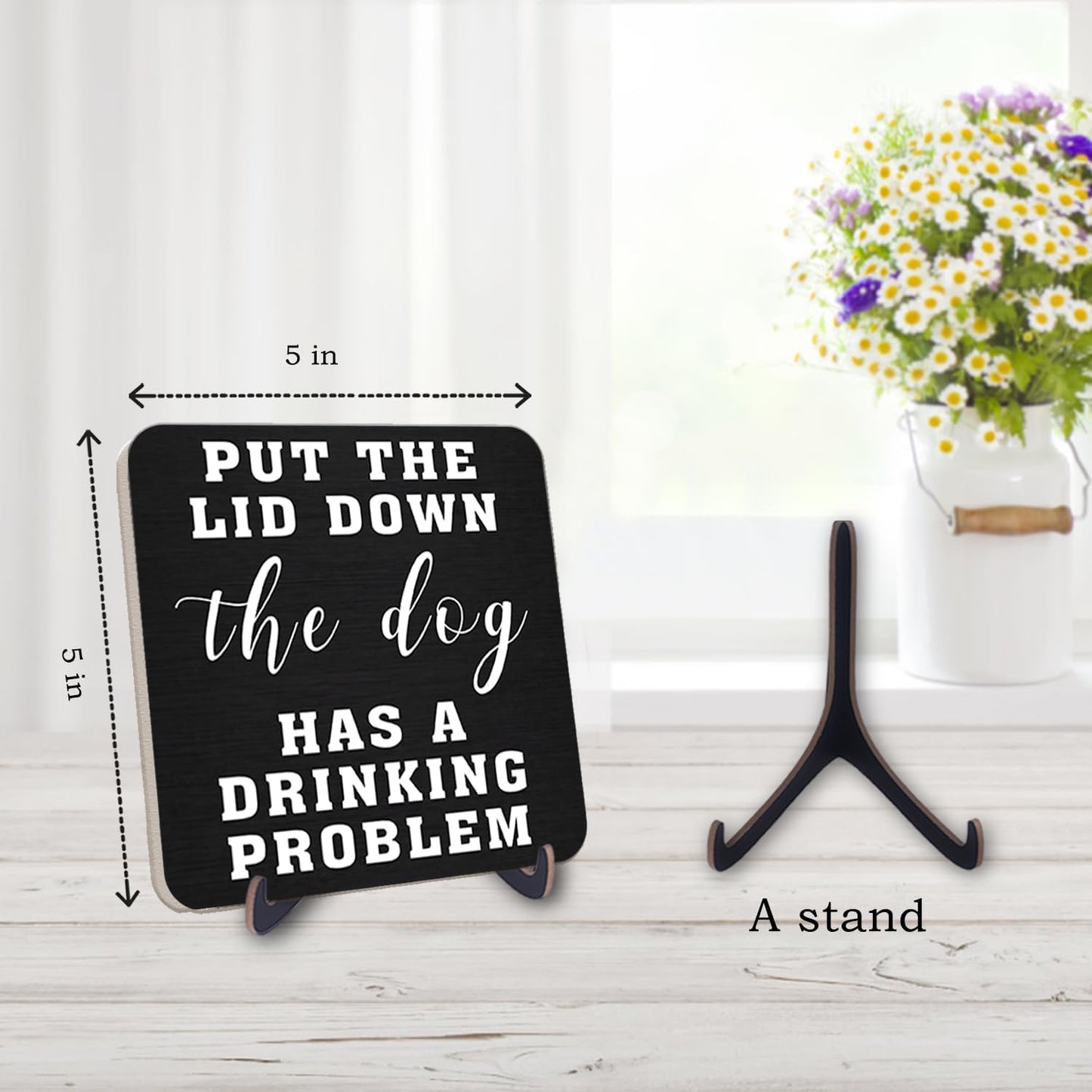 Funny Bathroom Sign Decor, Art Decor for Bathroom Shelf Toilet Restroom, Put the Lid Down the Dog Has a Drinking Problem Sign, 5 Inch Black Decor Wood Plaque With Stand, Modern Bathroom Decor(zsmp37) WN420