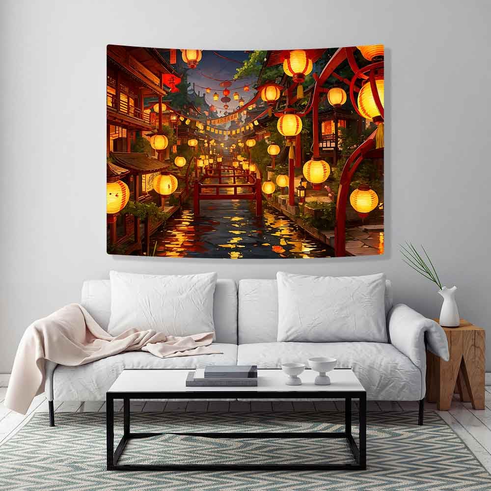 Ine Ive Japanese Tapestry Wall Hanging Large Size 93x71 Inch | Traditional Japan Streets filled with lanterns tapestry for Bedroom Living Room Dorm Office Restaurant Wall Decor BST202