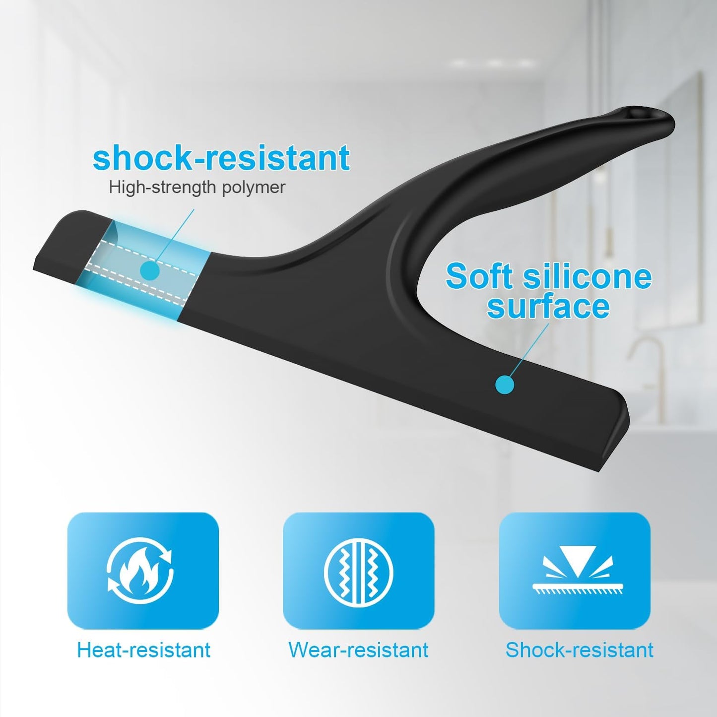 Silicone Shower Squeegee for Bathroom Glass Doors, with Hanging Hole for Easy Storage, Removes Water Spots from Windows, Mirrors, Tiles & Kitchen Surfaces-Black, 10 Inch WN420