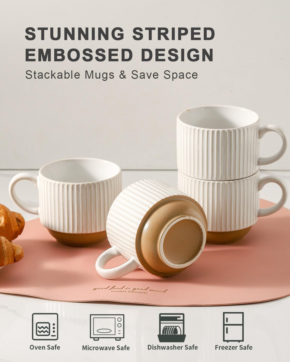 HASENSE 15 oz Ribbed Stackable Coffee Mug Set of 4, Porcelain Latte Cups with Metal Rack, Dishwasher & Microwave Safe, Cappuccino Tea Hot Cocoa, White BST220