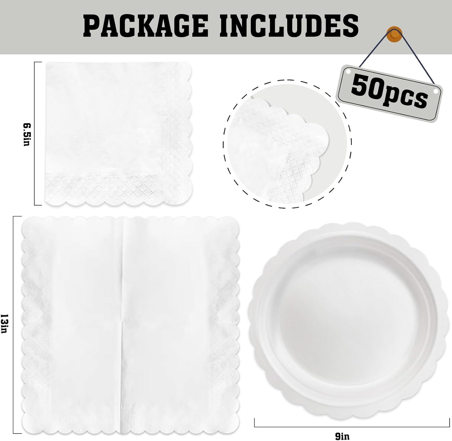 100 Pcs White Paper Plates and Napkins, 50 Pcs Guest White Party Supplies Including Scalloped Plates and Napkins for Independence Day Weddings, Parties BST326L