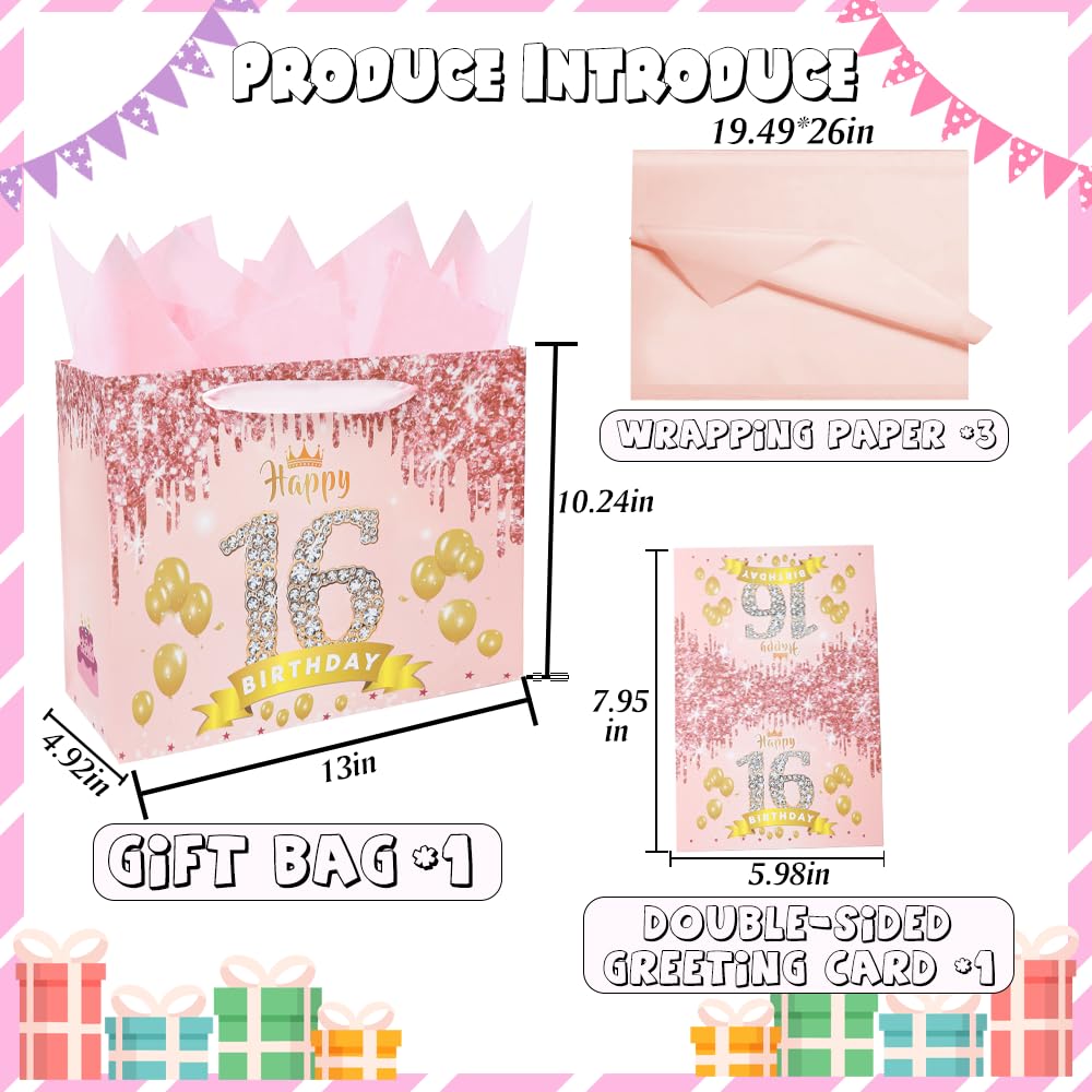 Eaureum Personalized Initial A Gift Bags for Girls Women, 13" Pink Initial A Gift Bags for Birthday Wedding Holidays Party Decorations for Her Girls Women Daughter Granddaughter Friends Wife BST326L