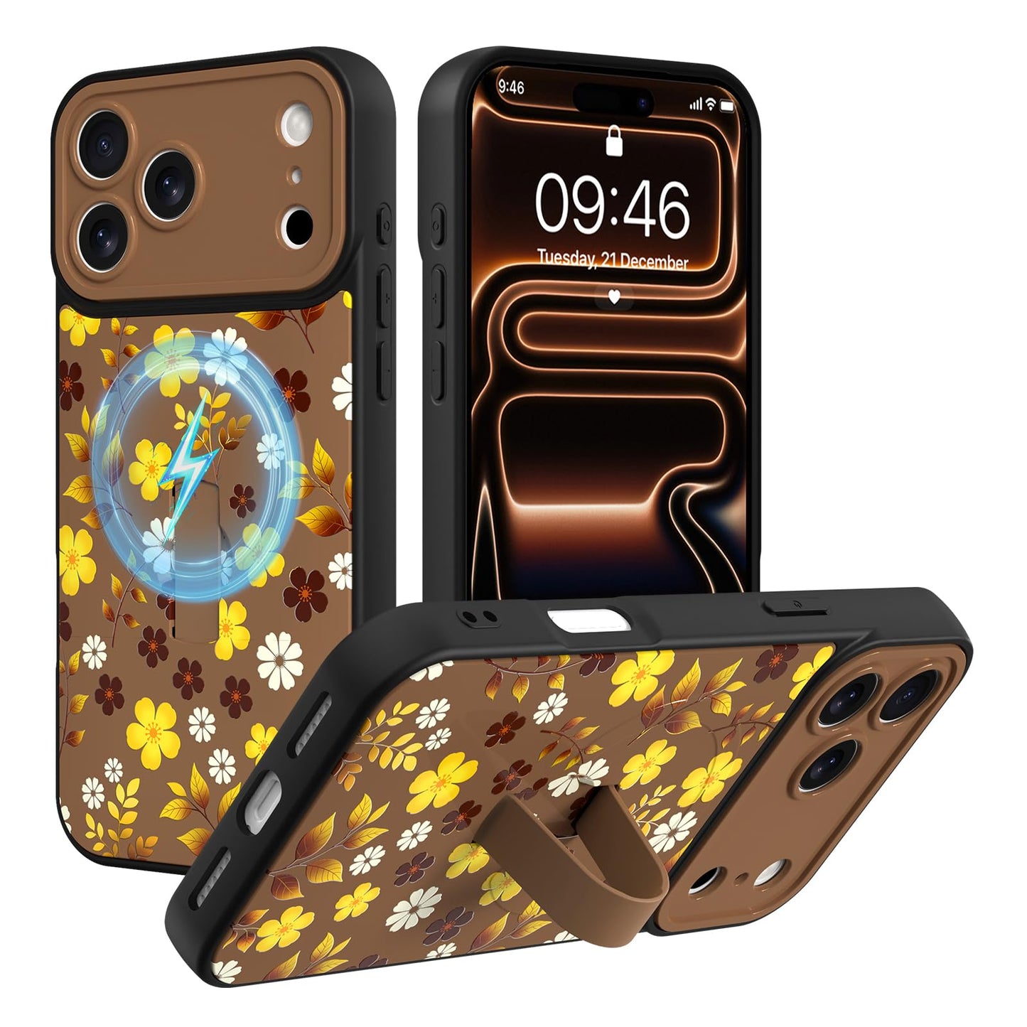 Compatible with iPhone 13 Case, Cute Cheetah Leopard Pattern | Built in Adjustable Wrist Strap Grip Hand Holder Stand Shockproof Kickstand Cover for Women Girls (Black White) WN420