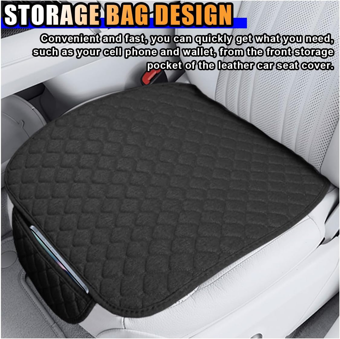 Car Seat Cover, Comfortable Linen Automotive Front Seats Protective Mat pad, Anti-Slip Vehicle Bottom Seats Cushion with Storage Pocket, Universal Auto Interior Accessories for Sedan SUV (Black, 2PCS) WN420