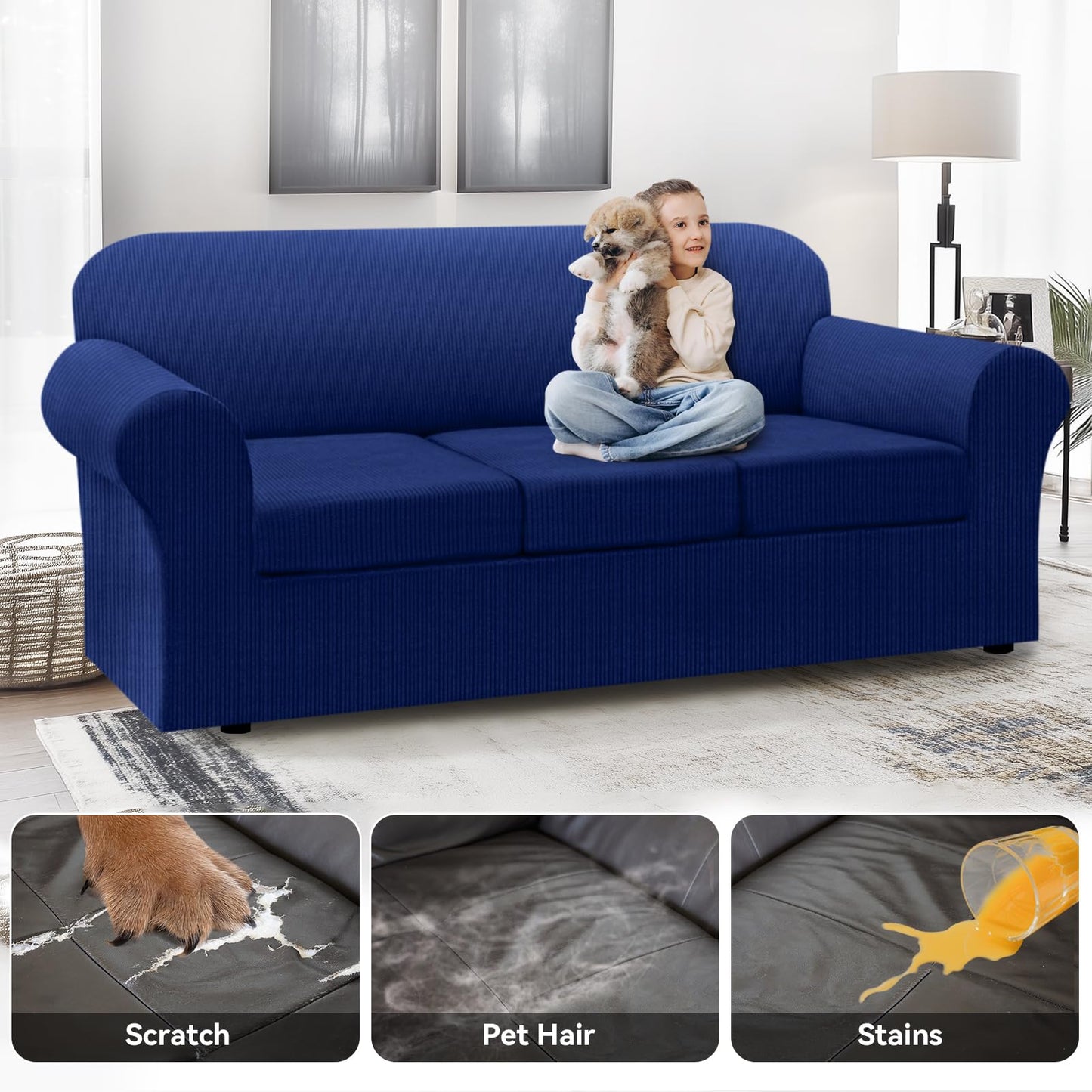 Waterproof Chair Cover with Arms 2-Piece Set Striped Slipcover for 1 Separate T Cushion Couch - TPU Fabric Armchair Covers Leakproof Couch Protector for Kids, Pets(Chair, Beige) BST220