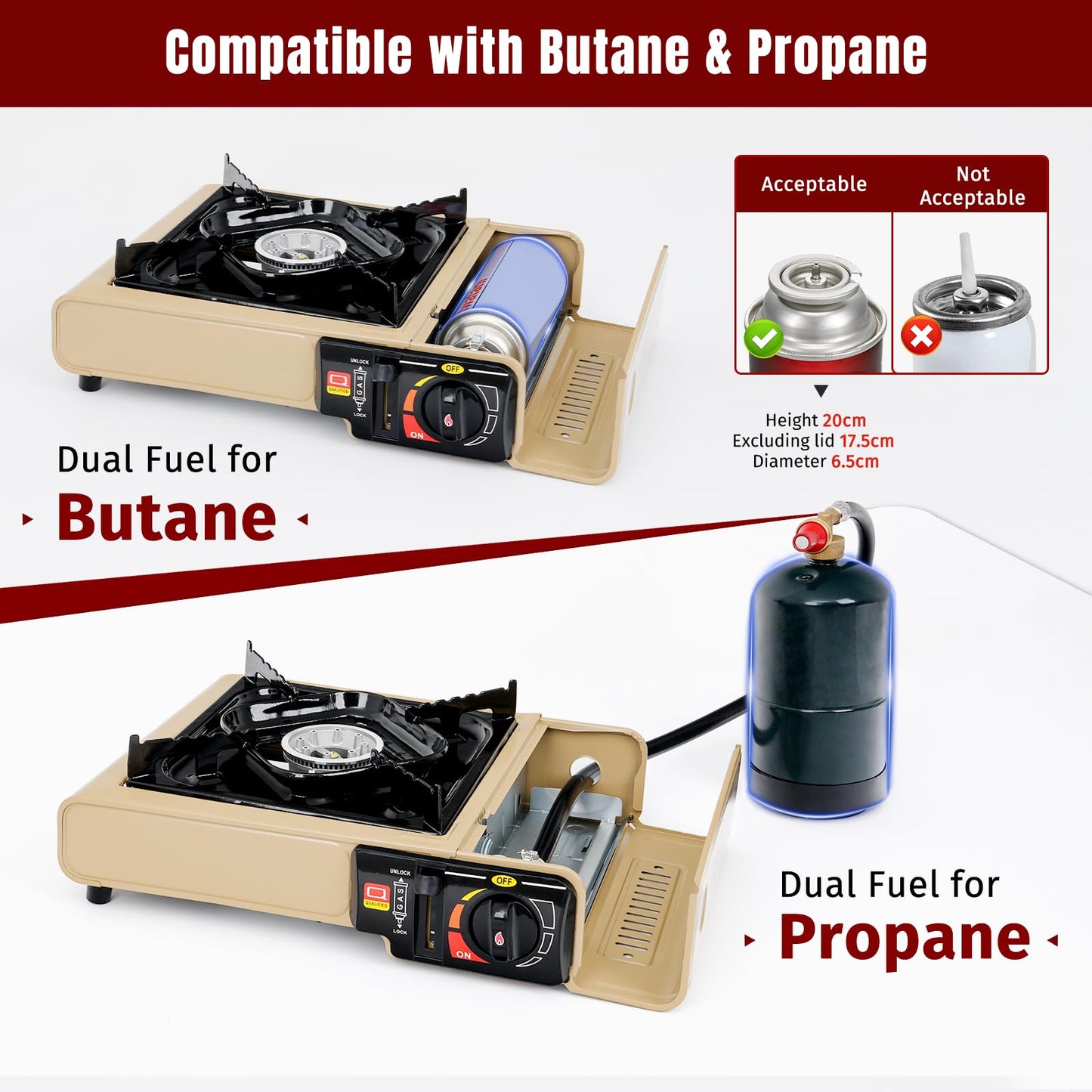 SHINESTAR 7800 BTU Dual Fuel Camping Stove, Propane Portable Gas Stove | Propane or Butane Camp Stove with Adjustable Heat Dial, Carry Case & Propane Adapter Hose,for Outdoor Cooking and Emergencies BST326H