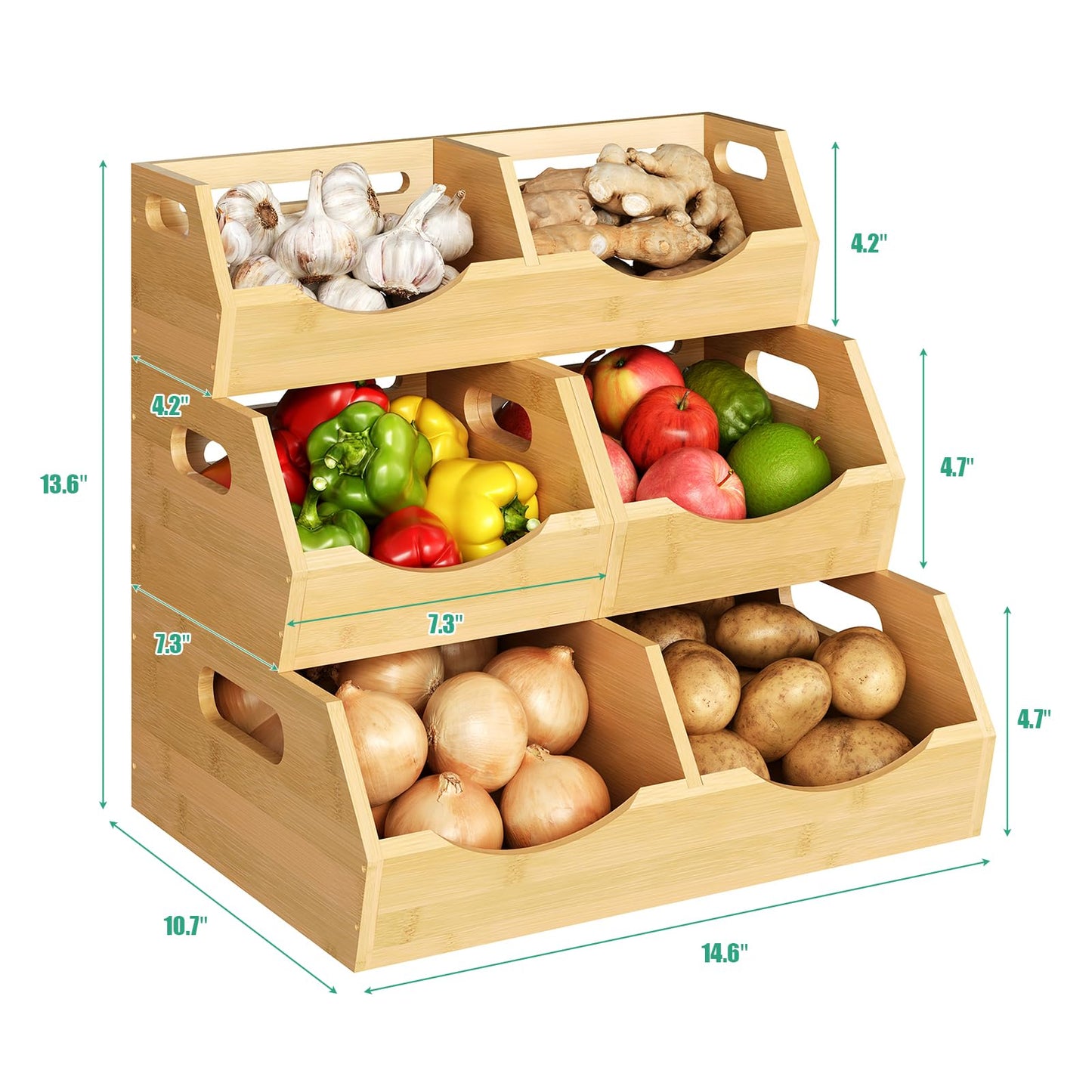 Onion Storage Bins Potato, 3 Tier Bamboo Pantry Storage Bin Stackable Ventilated Kitchen Organizer N3233