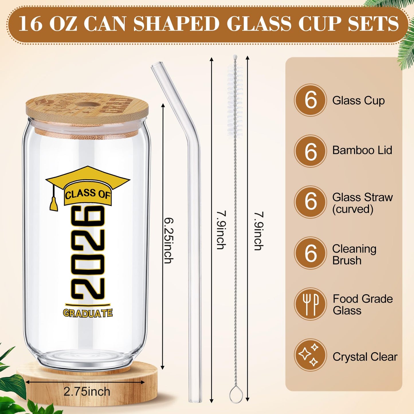 6 Pcs Red and Blue Class of 2026 Graduation Gifts Graduation Glass Cup with Lids Straw 16oz Congrats Grad Coffee Mugs for Her Him Men Women Middle & High School College Tumbler Party Favor BST326H