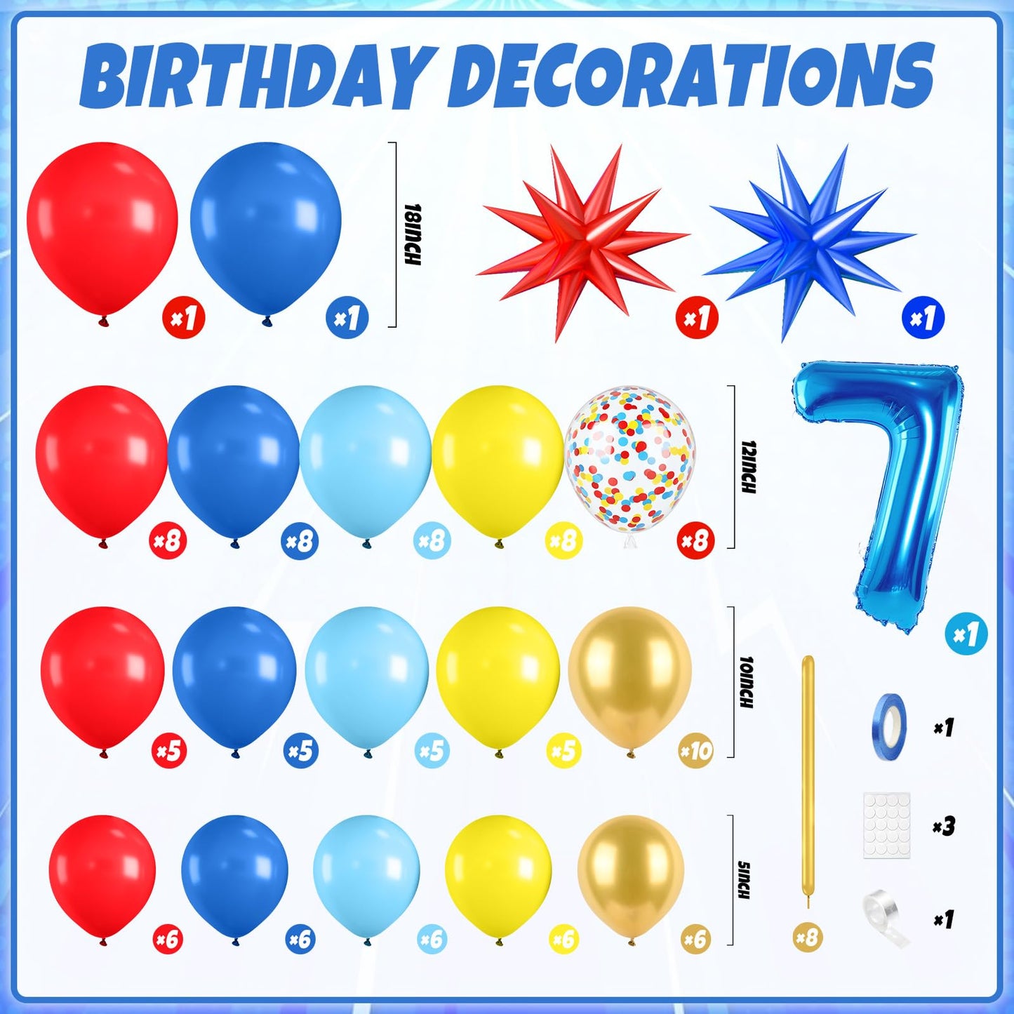 Red Yellow Blue Balloon Garland Arch Kit with Navy Blue 40 Inch Number 7 Balloon, 7th Birthday Decorations for Boy with Star Foil Balloons for 7 Year Old Theme Party Baby Shower Graduation WN420