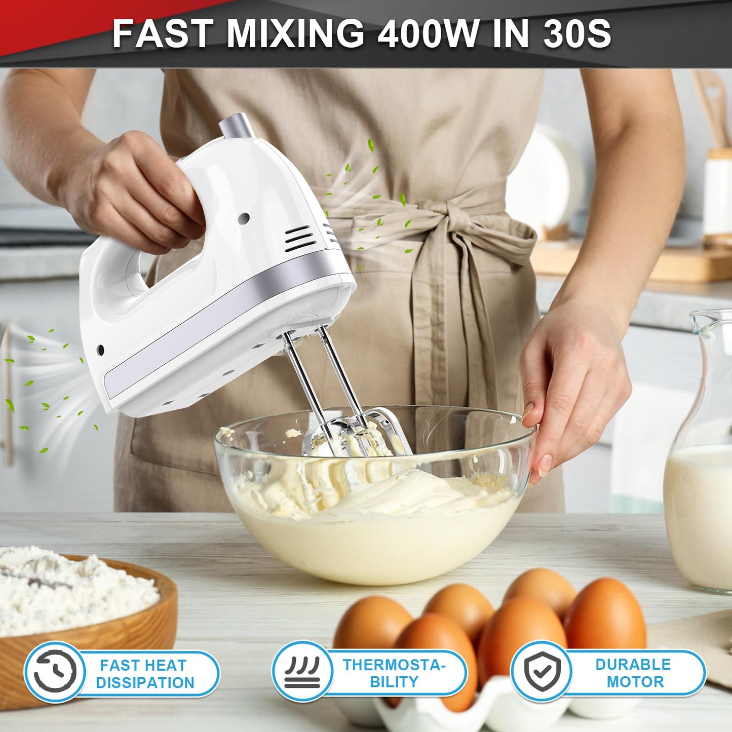 Lord Eagle Hand Mixer Electric Handheld 400W, 5-Speed Lightweight Kitchen Mixer with Storage Case, 5 Stainless Steel Attachments for Baking Cake Egg Cream Food Beater, Turbo+Eject Button, Pink