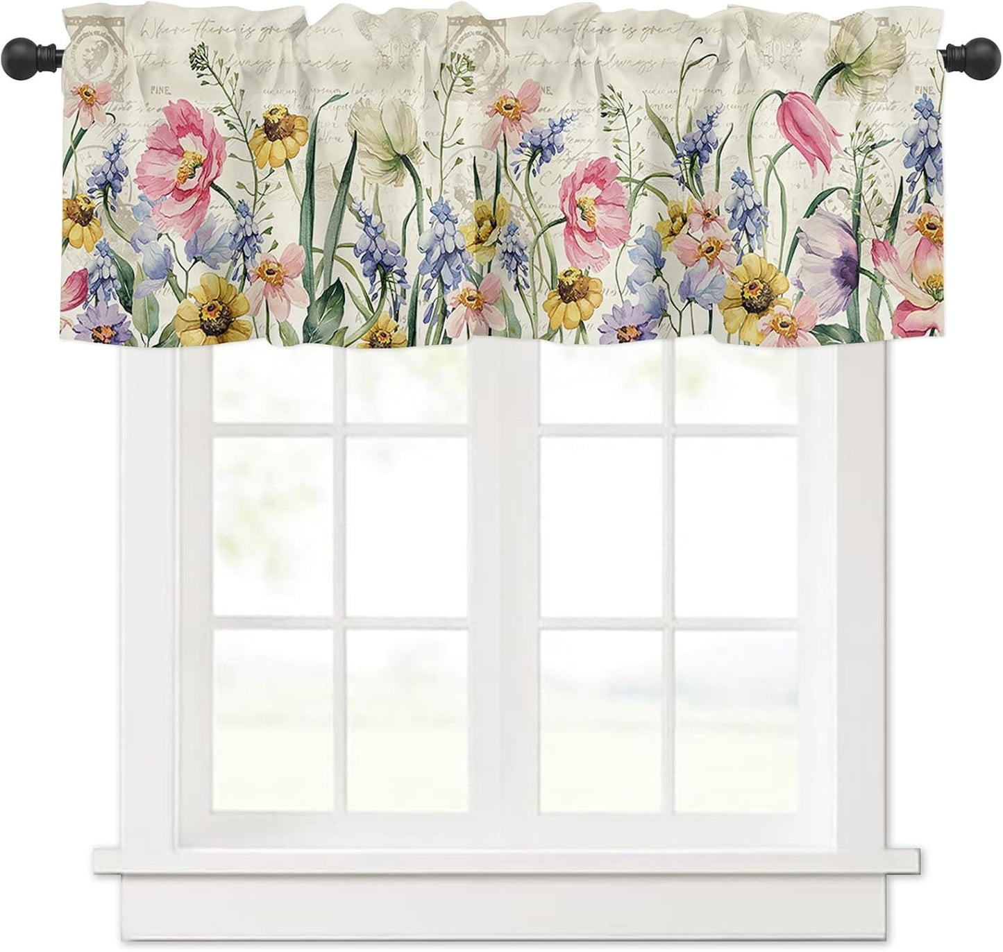Spring Curtain Valances for Windows, Retro Wild Plants Flowers Rod Pocket Valance Window Treatments Botanical Short Curtains for Kitchen Bathroom Living Room 54 x 18 Inches, 1 Panel BST326H