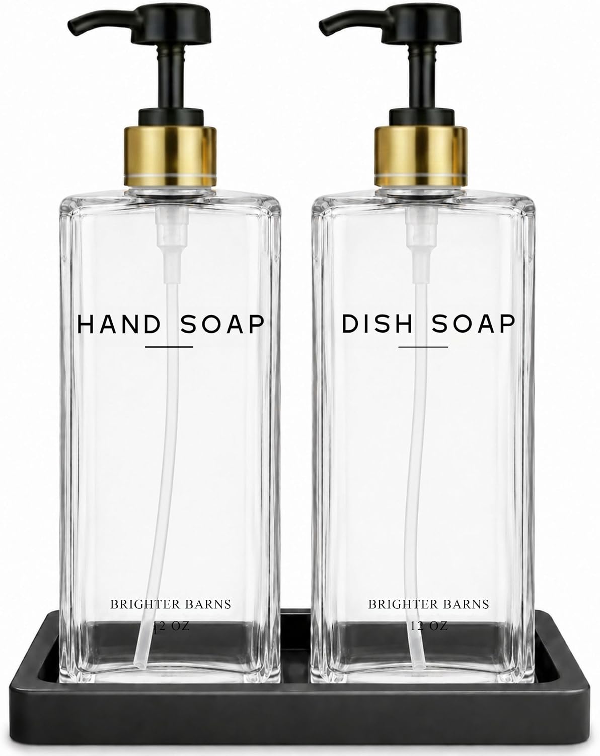 Glass Hand and Dish Soap Dispenser Set by Brighter Barns - Kitchen Soap Dispenser Set with Tray & Pump - Refillable Glass Bottles for Sink - Neutral Kitchen Accessories for Airbnb, Restaurants (Clear) BST326H