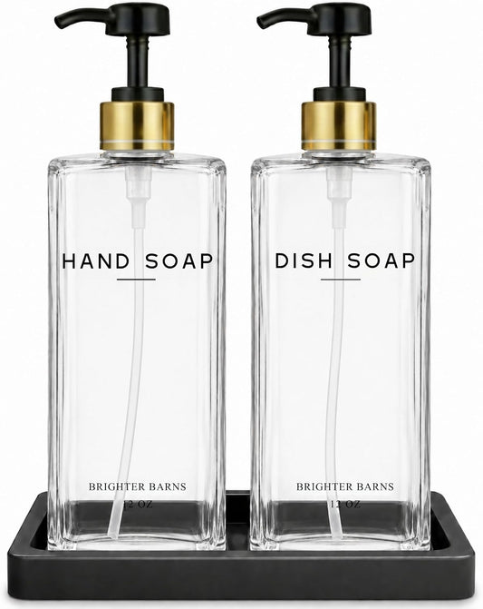Glass Hand and Dish Soap Dispenser Set by Brighter Barns - Kitchen Soap Dispenser Set with Tray & Pump - Refillable Glass Bottles for Sink - Neutral Kitchen Accessories for Airbnb, Restaurants (Clear) BST326H