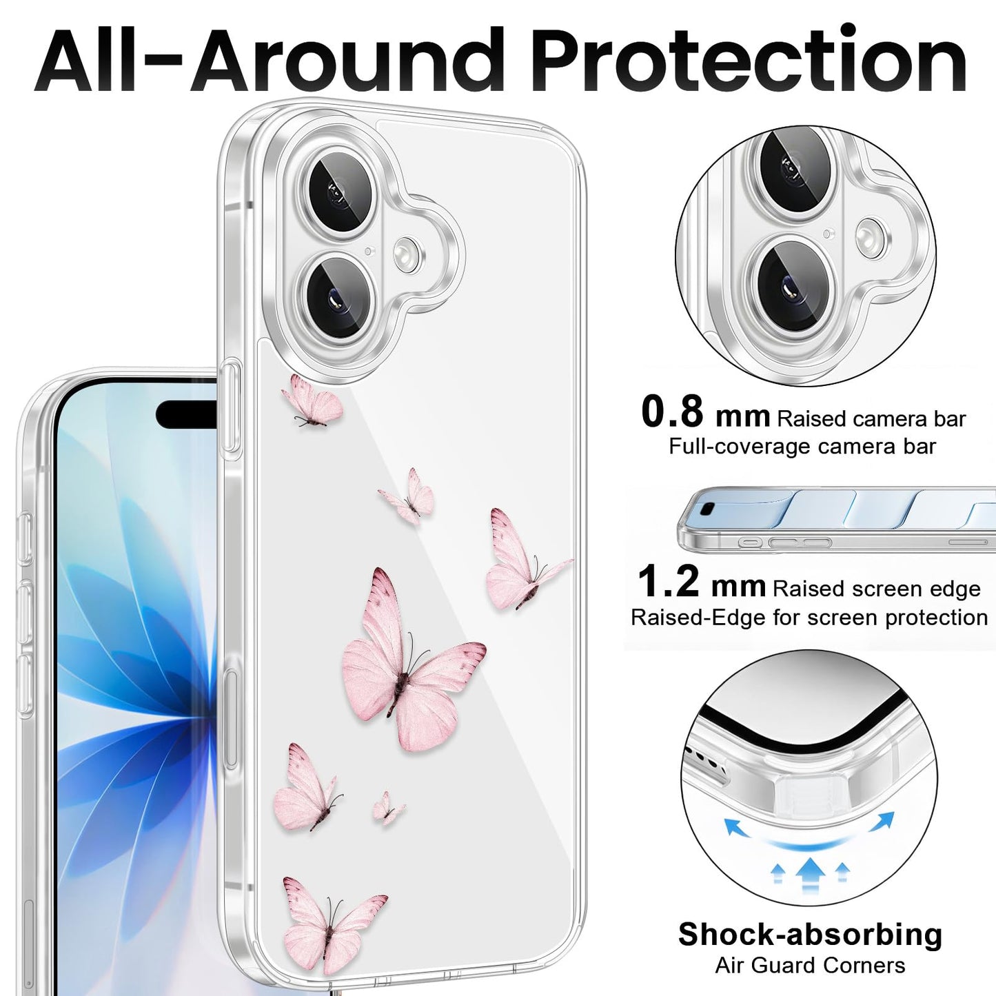 Cute Girly Crystal Clear Case Compatible with iPhone 16 Pro, Camera Control & Shockproof Protection Floral Case for Women, Blue Butterflies WN420