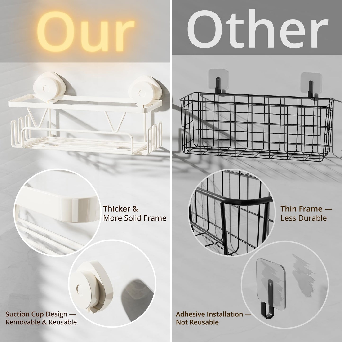 KEGII Shower Caddy Suction Cup with 6 Hooks, Stainless Steel Bathroom Organizer N29