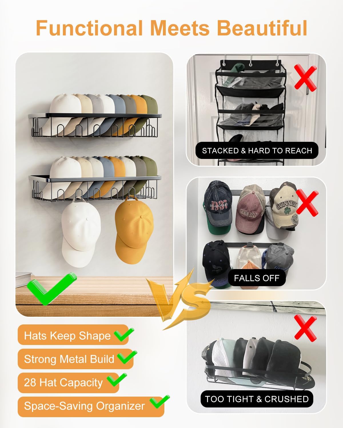 Hat Rack for Wall, 2 Pack Large Hat Organizer with More Hooks, Holds 56 Caps, Metal Wall Mounted Hat Holder for Baseball Caps, Closet Bedroom Kitchen Bathroom, Black WN420