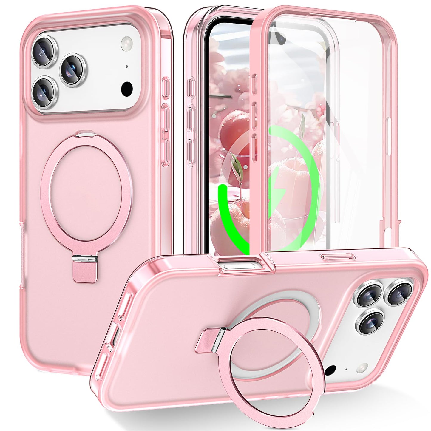 for iPhone 13 Pro Full Body Shockproof Case with Magnetic Invisible Stand [Compatible with MagSafe] Built-in Screen Protector Military Drop ProtectionTranslucent Phone Cover -Hot Pink WN420